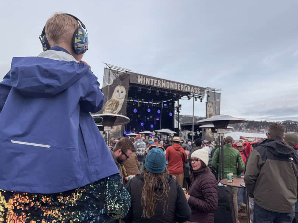 little boy sits on shoulders watching a concert