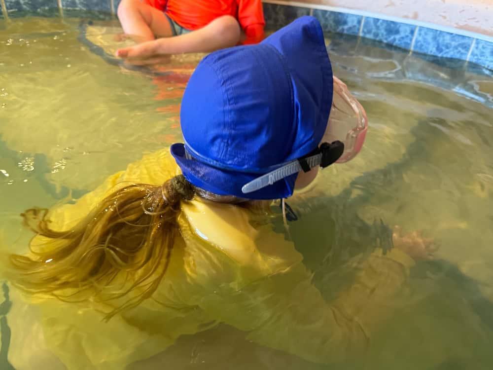 Child with blue hat face-down in shallow pool water