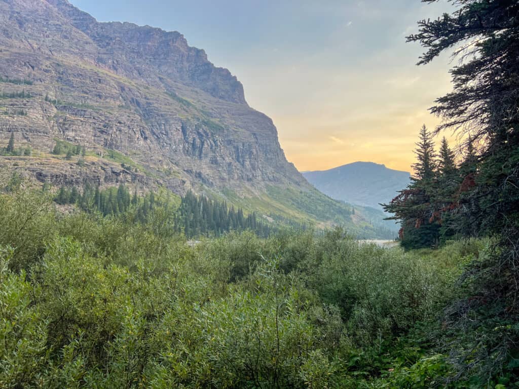 Scenic mountain valley with green trees and sunset sky