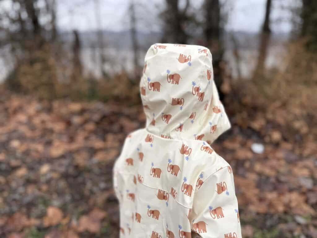 Back view of toddler in Amazon Essentials Toddler Rain Jacket with hood up standing near lake