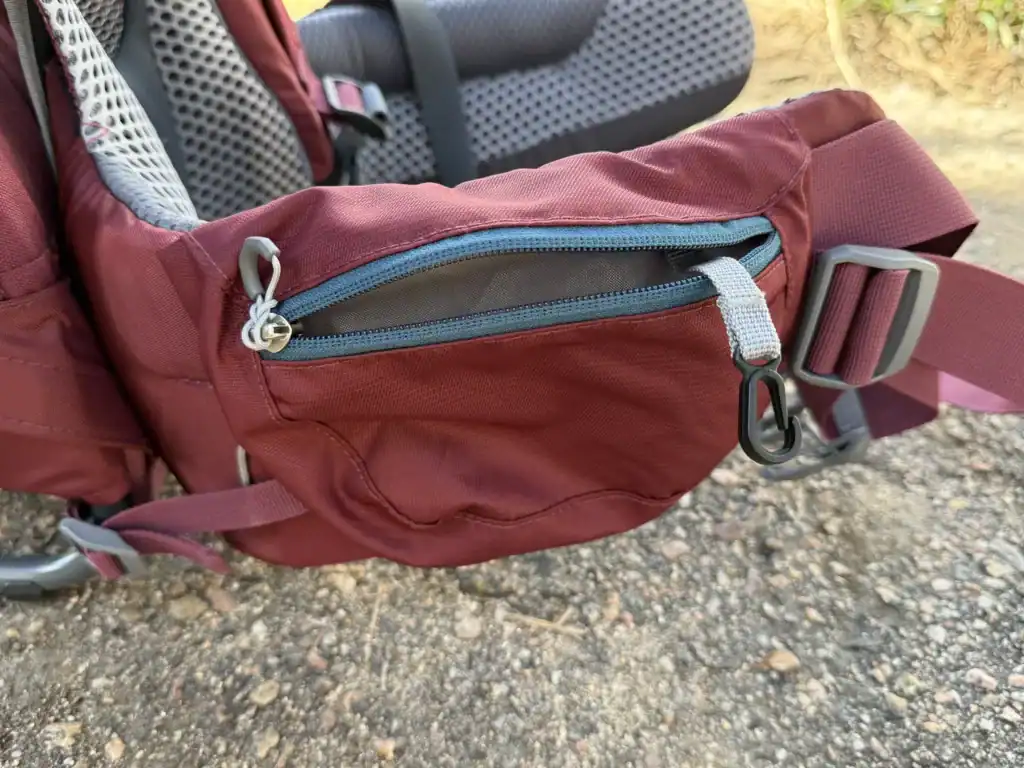 Zippered hip belt pocket on the Deuter Kid Comfort child carrier