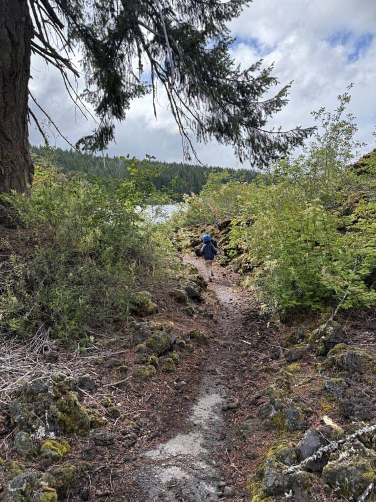 Kid hiking a narrow forest trail over volcanic rock in Oregon wearing KEEN Newport H2 sandals