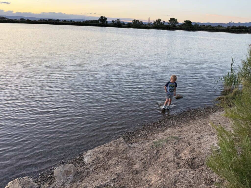 Kid wading in a lake at sunset near Fruita, Colorado in KEEN Targhee IV Low Waterproof shoes