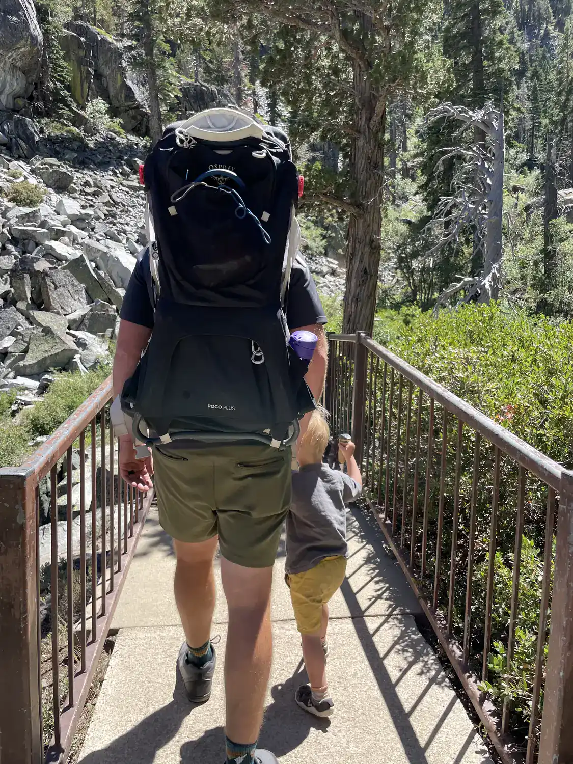 An adult carrying a child in a hiking carrier walks a railed bridge on the Eagle Lake trail while a toddler walks alongside.