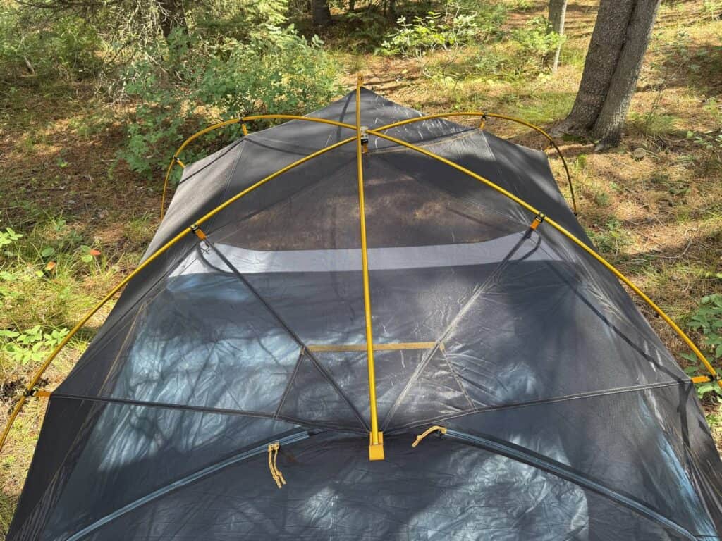 Hubbed pole frame of the Mountain Hardwear Mineral King 3 over the mesh tent body