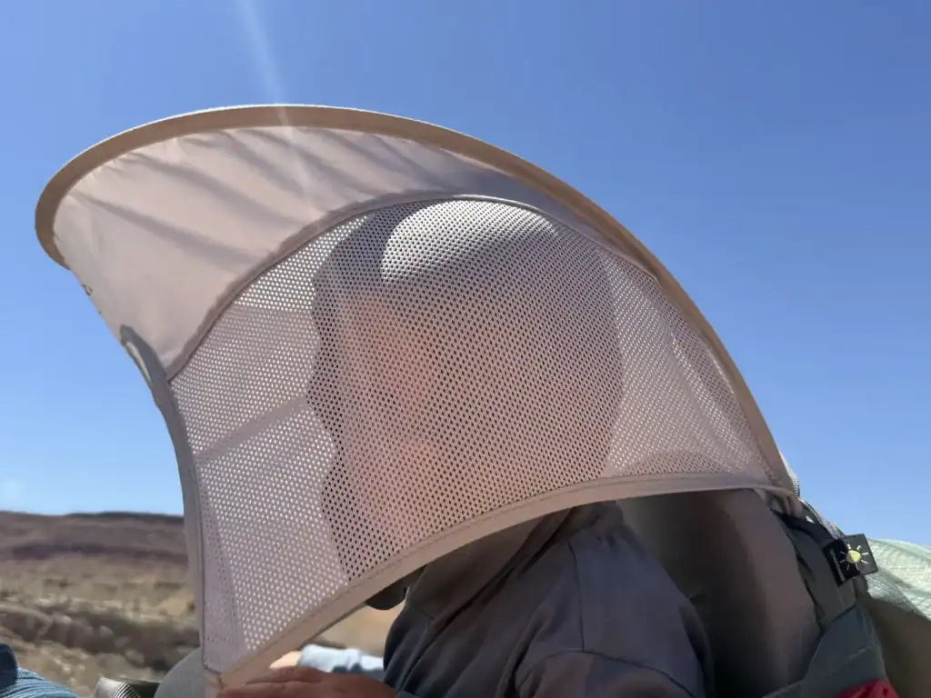 View from inside the Osprey Poco Premium child carrier showing the sunshade overhead