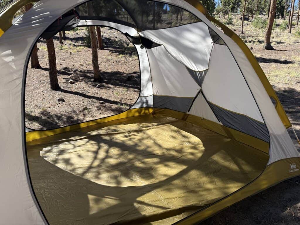 Interior floor of the REI Co-op Base Camp 6 with its doors open