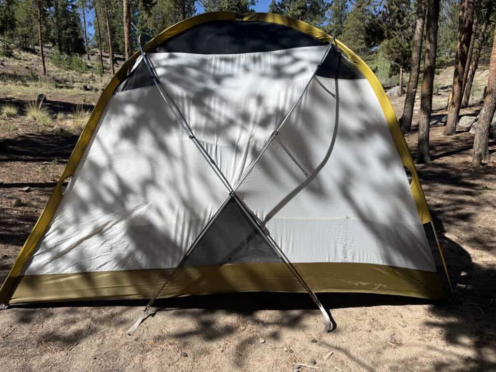 REI Co-op Base Camp 6 tent body without the rainfly showing its crossing pole structure