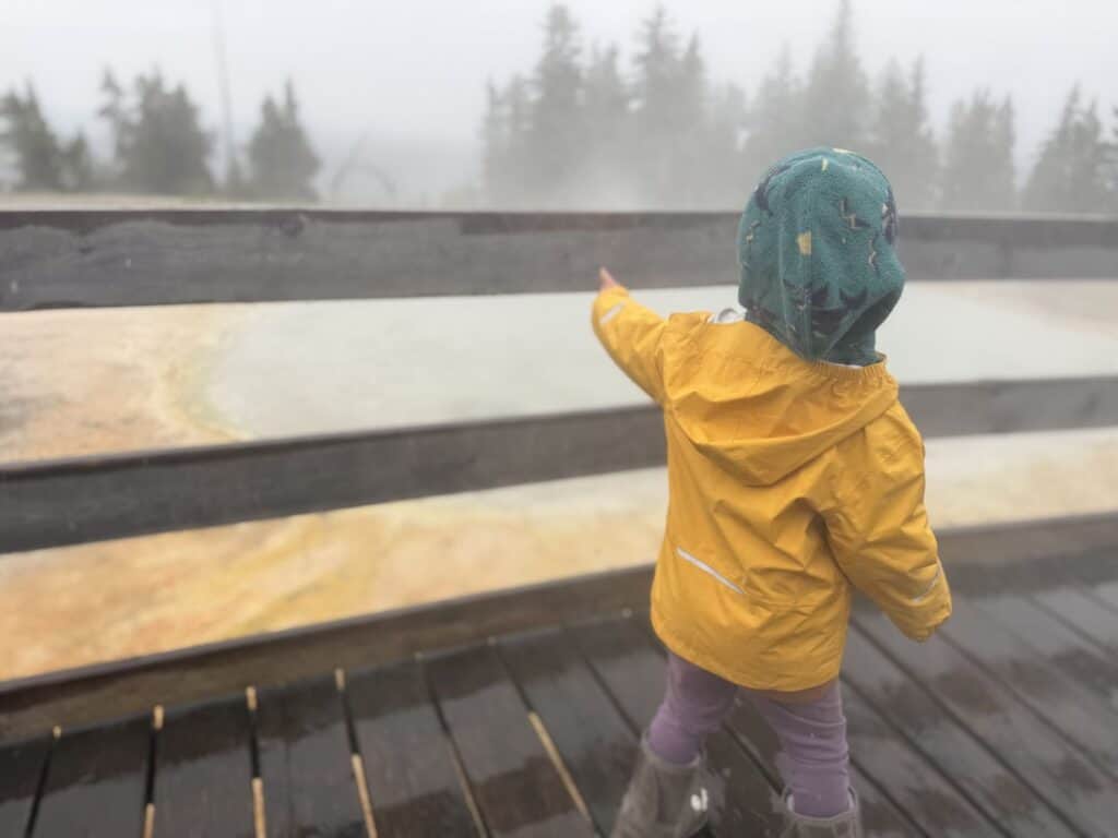 Toddler in yellow REI Co-op Rainier Rain Jacket pointing while standing in light rain conditions