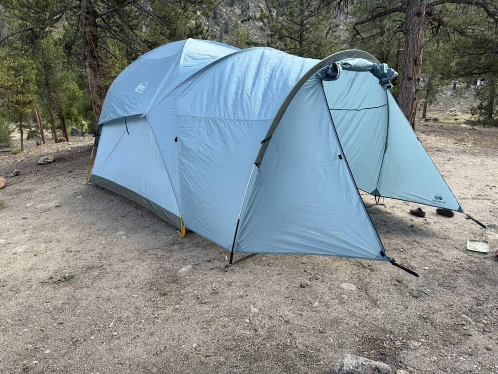 Side view of the REI Co-op Westward 6 with its pole-supported front vestibule