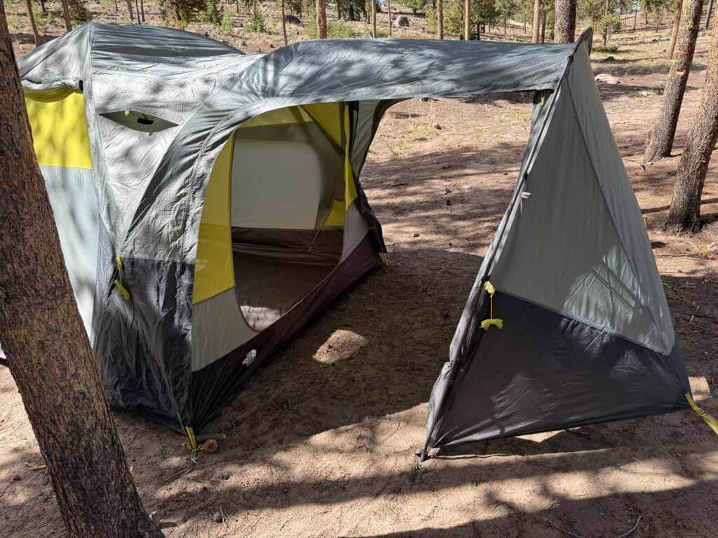 The North Face Wawona 6 with the vestibule and tent doors unzipped and rolled open